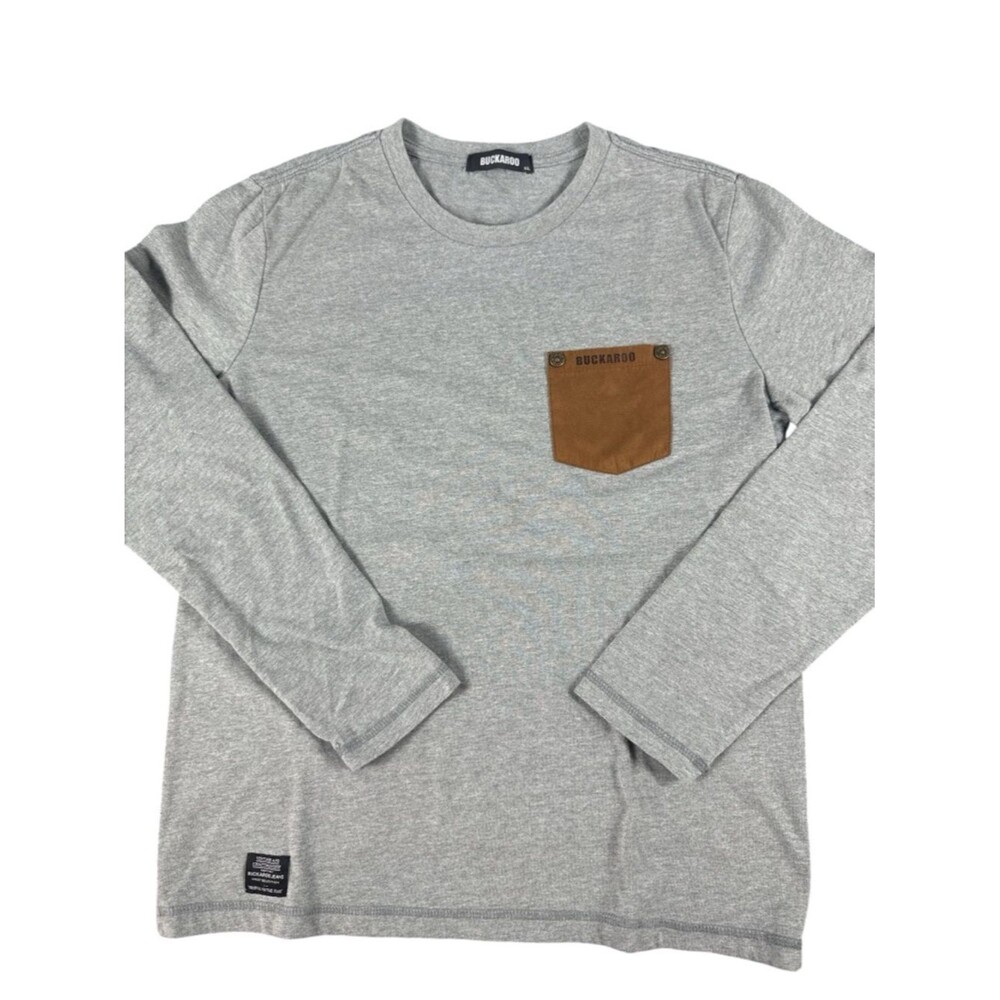 Buckaroo Gray Long Sleeve Tee XL Faux Leather Pocket Western Moto Biker Shirt